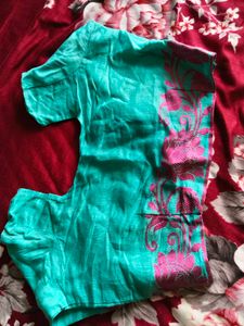 sea green n pink cotton silk saree with blouse