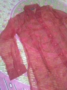 Red Sheer Button-Up Shirt