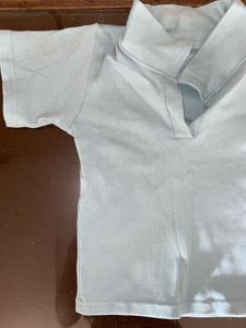 Sky Blue Ribbed Knit Polo Top