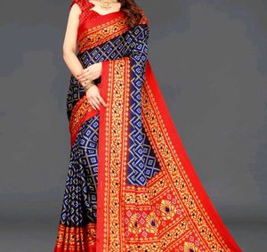Elegant Red & Blue Printed Saree