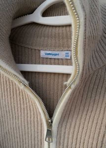 Beige Knit Zip-Up Sweater