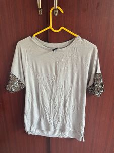 Grey Top w/ Sequin Sleeves