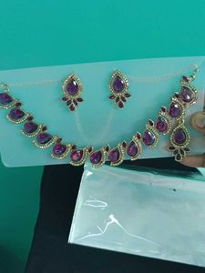 Purple Neckset Earrings And Mangtikka