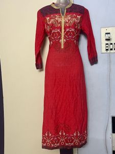 Embroidered Pure Cotton Red Kurta