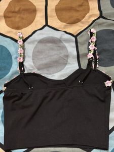 Floral Trim Black Crop Top