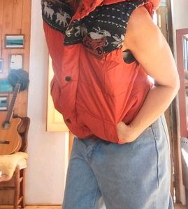 Red Puffer branded Vest with Patterned Yoke