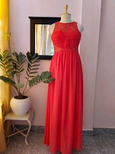Elegant Coral Maxi Dress with Lace Detail