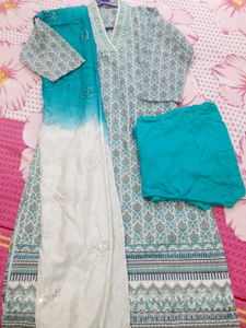 Teal &amp; White Printed Kurta Set