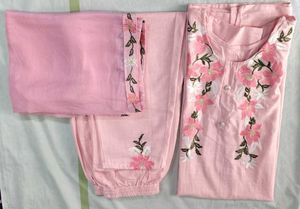 Pink Floral Embroidered Kurti Set