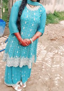 Teal Embroidered Sharara Suit