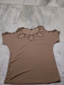 Brown Studded Cold Shoulder Top