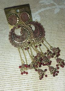 Burgundy Beaded Jhumka Earrings