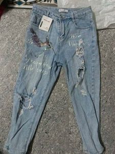 Distressed Jeans with Bird Detail