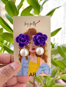 Purple Rose With Pearl Drop Earring