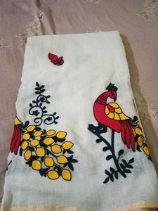 Elegant White Saree with Peacock Design