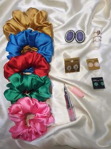 Combo Of Scrunchies,earrings,rings And Pen
