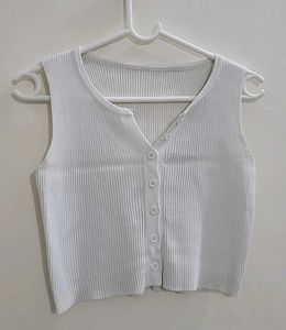 White Ribbed Button Tank