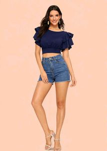 Stylish Navy Blue Ruffle Sleeve Top