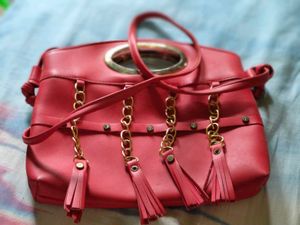 Vintage Red Leather Oval Handle Bag