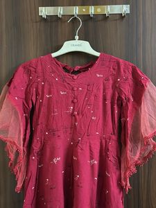 Maroon Dress with Sheer Sleeves