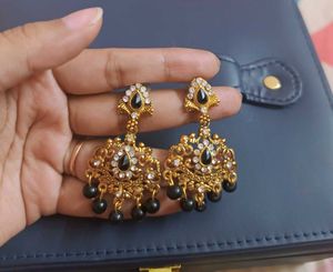 Gold Tone Black &amp; Rhinestone Dangle Earrings