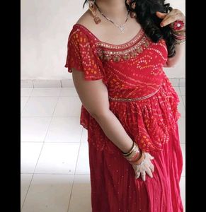 Red Bandhani Print Choli Skirt