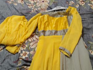 Elegant Yellow &amp; Grey Ethnic Dress