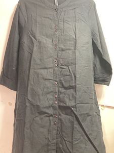 Black Cotton Button Kurti With Stand Collar