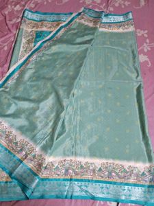 Silk Silver Zari Saree - Turquoise &amp; White