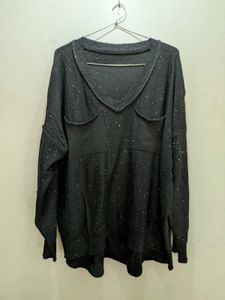Stylish Black V-Neck Sweater (Shiny)