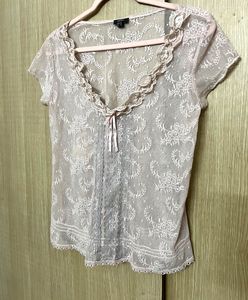 Coquette Romantic Sheer Lace Ruffle Neck Blouse