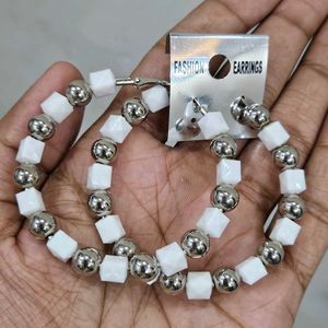 Silver &amp; White Beaded Hoop Earrings