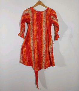 Retro Orange Print Tie-Waist Dress