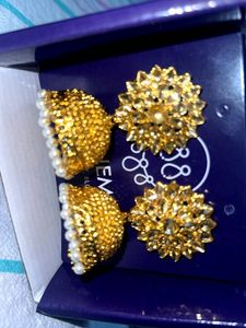 Gold Jhumka Earrings with Pearl Detail