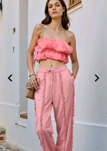 pink textured frayed trim straight fit trauser