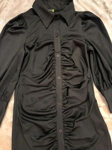 Elegant Black Ruched Shirt Dress
