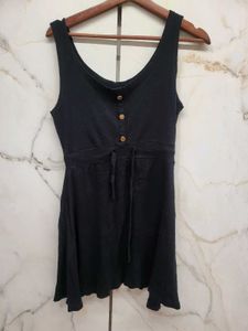 Black Button-Front Tie Waist Dress