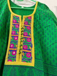 Bottle Green Kurti With Yellow Embroidery
