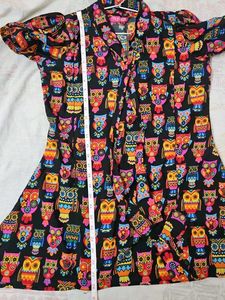 Owl Print Tie-Neck  Feeding Dress