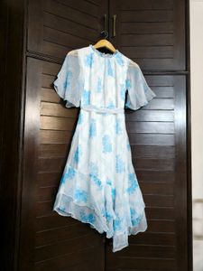 AND White &amp; Blue Floral Asymmetric Dress