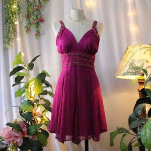 Magenta V-Neck 90s Bollywood Dress