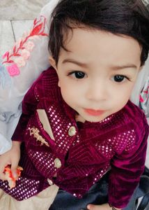 Kids Wine Colour Sherwani With Golden Pant