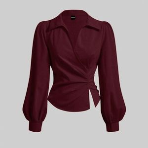 V Neck Top Wrap Front With Lantern Sleeve