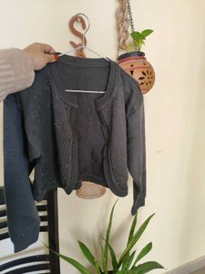 Gray Knit Cropped Cardigan