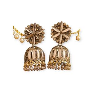 Gold Tone Jhumka Earrings with Pearl Details