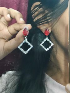 Red Crystal and Diamond Shape Drop Earrings