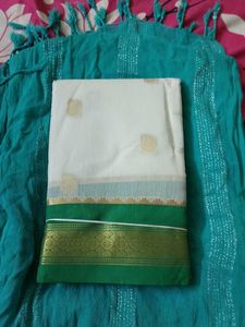 White With Green Cotton Saree..