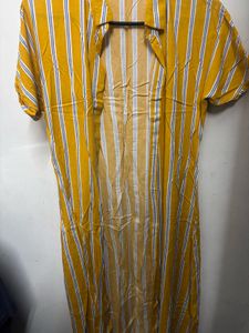 Yellow and White Striped Long Shirt Dress