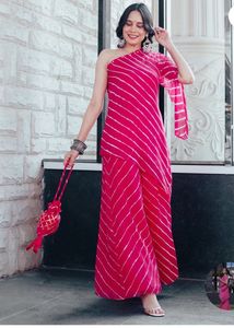 Pink Leheriya One shoulder Kurta Set