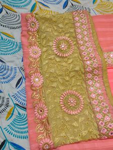 Elegant Peach &amp; Gold Indian Saree New Without Tag